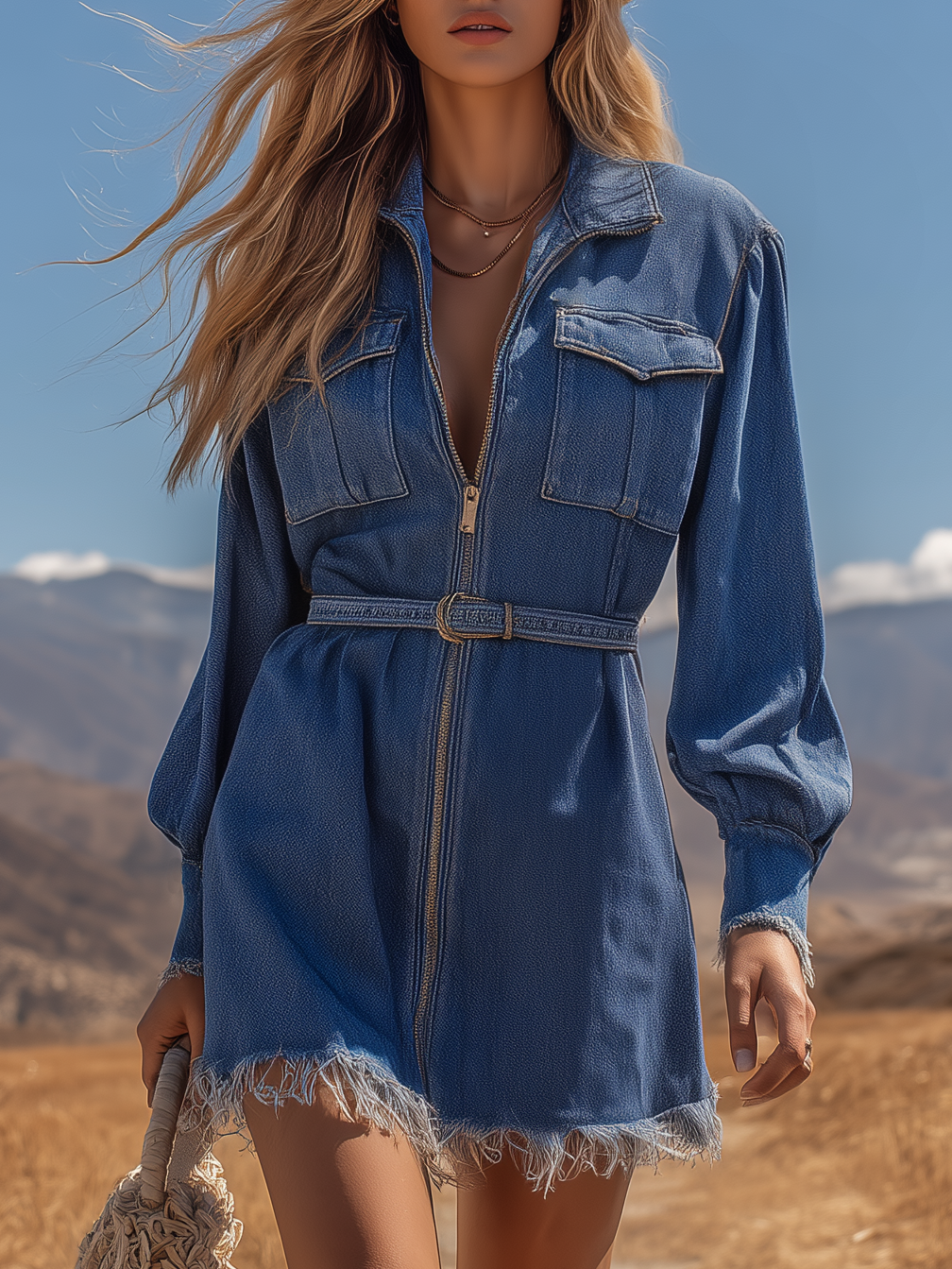 Casual And Stylish Long-sleeved Zip-up V-neck Denim Mini Dress