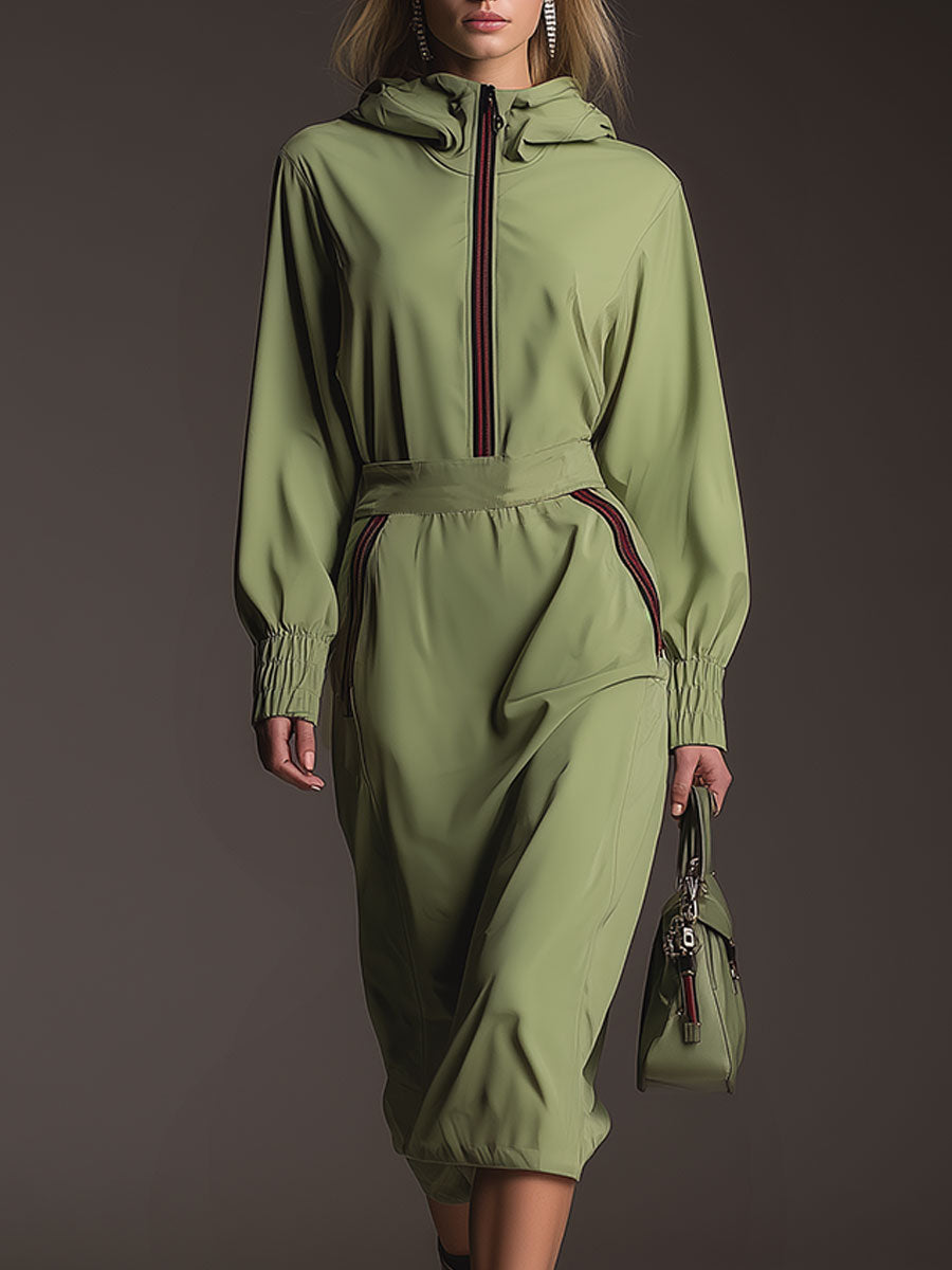 Casual Sporty Hooded Green Cotton Midi Dress