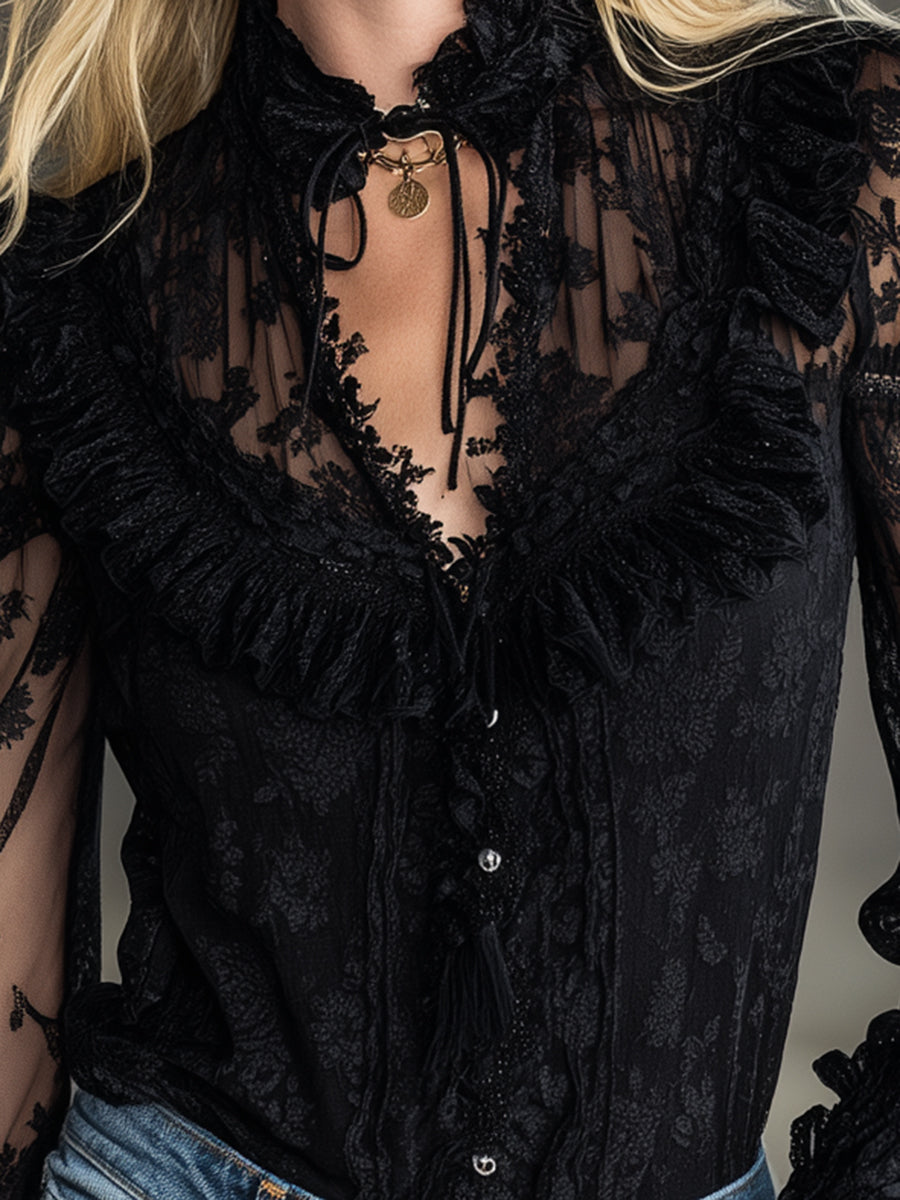 Stylish Black Lace Ruffled Button-down Shirt