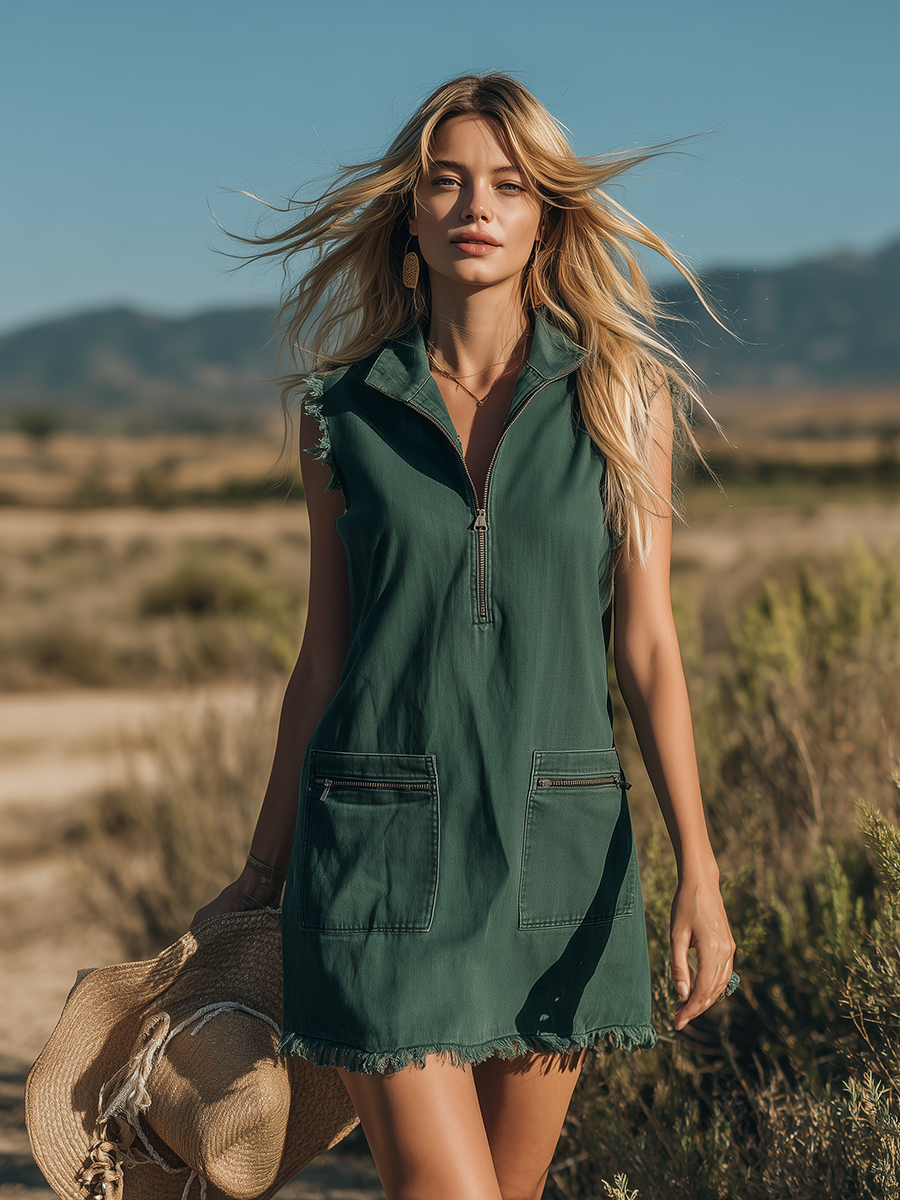 Fashionable Retro Collared Sleeveless Frayed Zipper Denim Mini Dress