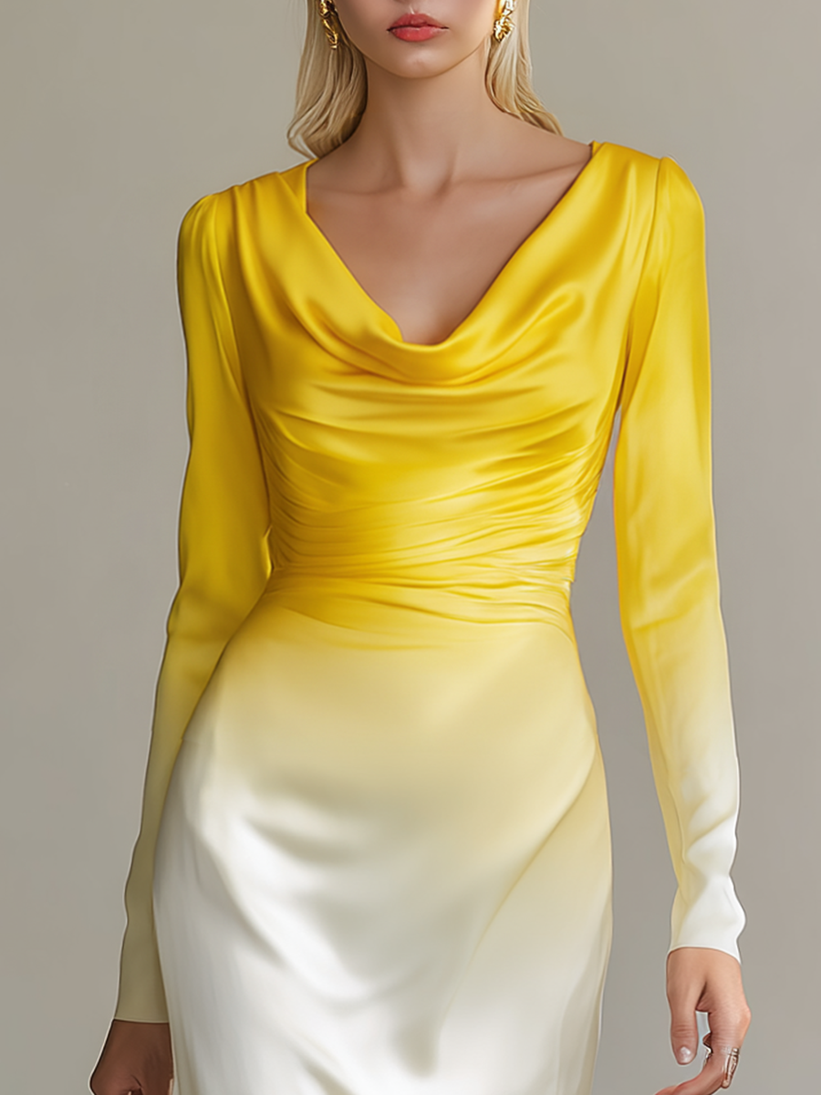 Elegant Sexy Cowl Neck Gradient Print Satin Maxi Dress