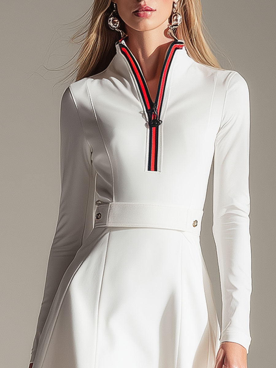 Stylish Athletic White Half-zip Hoodie-style Mini Dress
