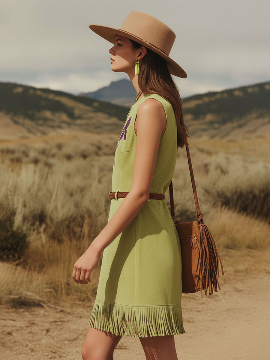 Western-style Retro Embroidered Green Tassel Round Neck Sleeveless Faux Suede Mini Dress