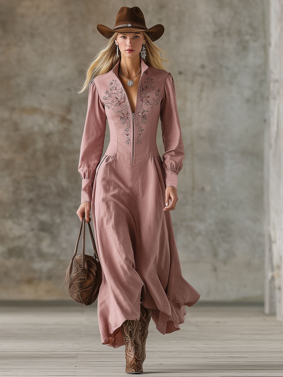 Stand-up Collar Zipper Cotton Linen Embroidered Long-sleeved Maxi Dress