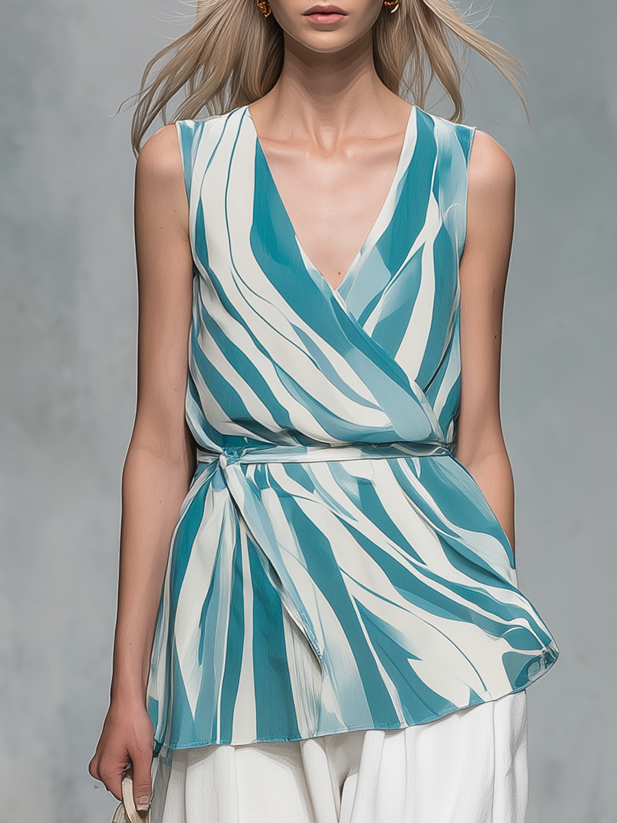 Stylish And Casual Sleeveless V-neck Striped Top And Wide-leg Trousers Set