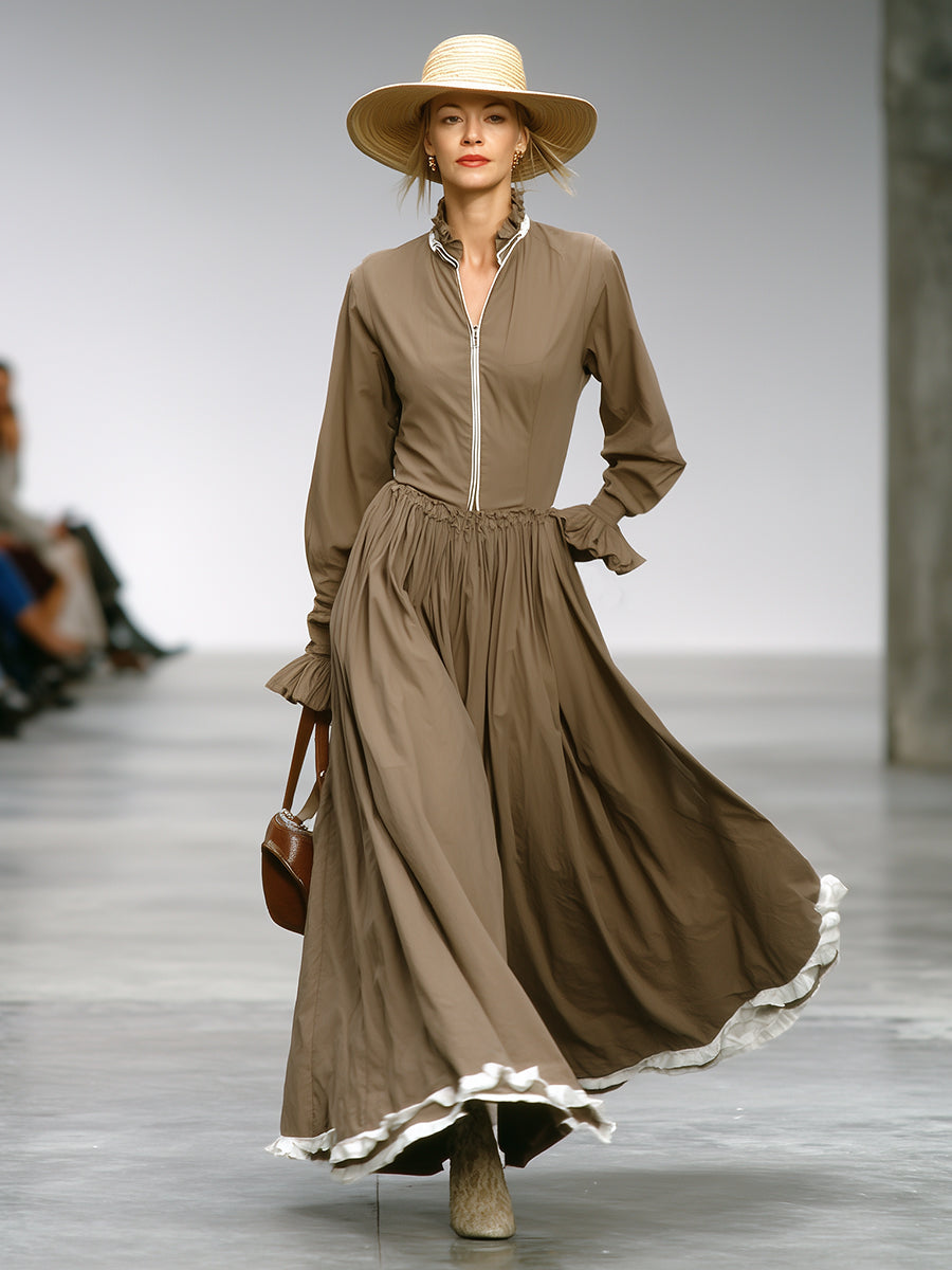 Brown Zippered White Ribbon Ruffled Maxi Dress