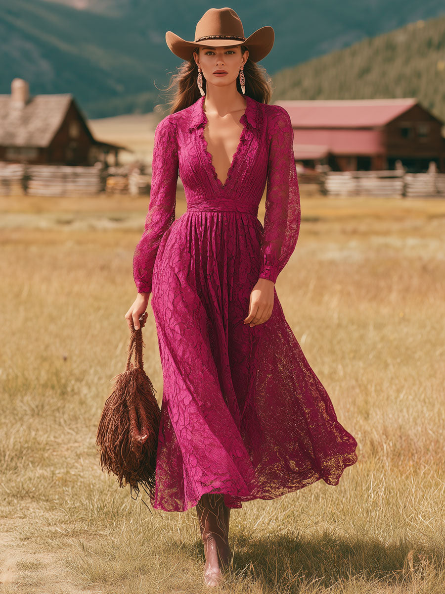 Western Retro V-neck Rose Red Lace Long-sleeved Midi Dress