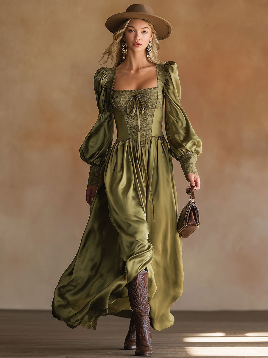 Vintage And Elegant Lace And Green Satin Maxi Dress