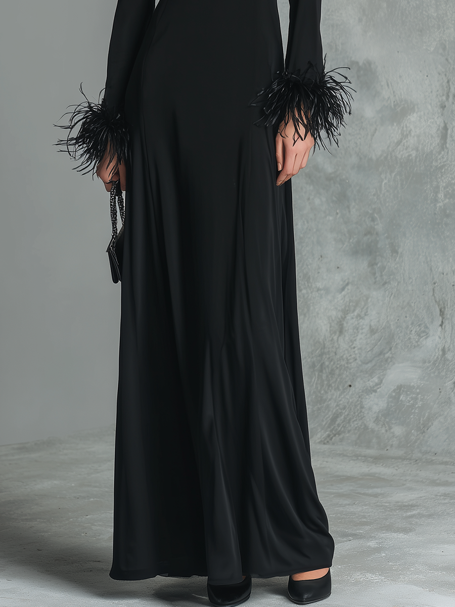 Retro Elegant V-neck Feather Cuff Trim Maxi Dress