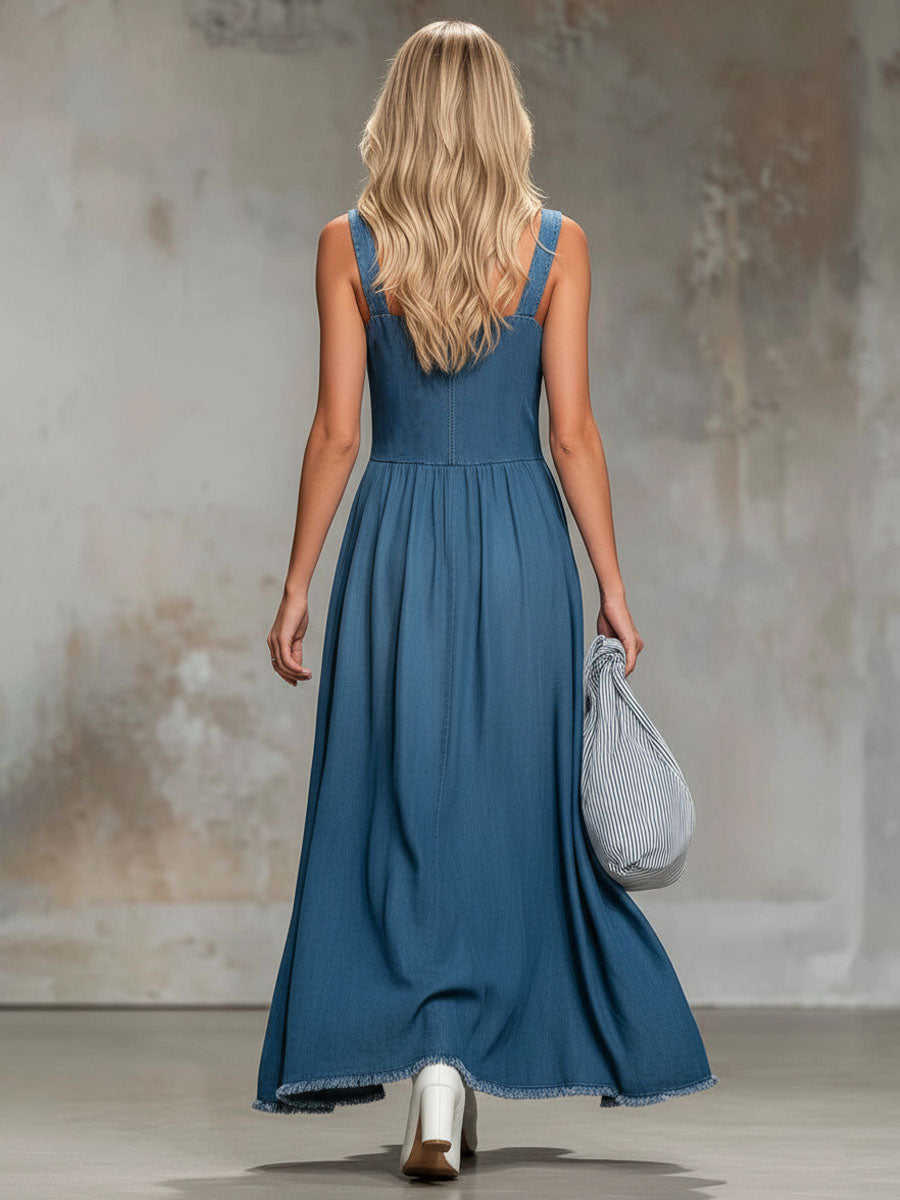 Retro Multi-pocket Square Neck Denim Sleeveless Maxi Dress