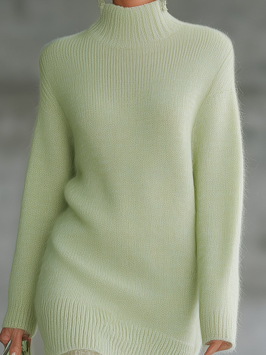 Elegant Green Knitted Round Neck Lace Midi Sweater Dress