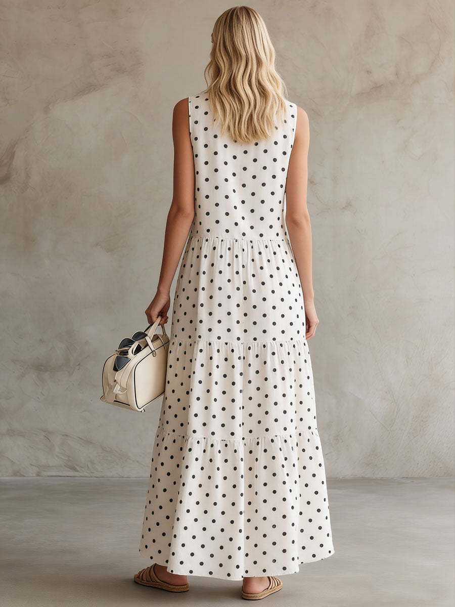 Casual Retro Black Polka Dot White Linen Sleeveless Shirt Dress