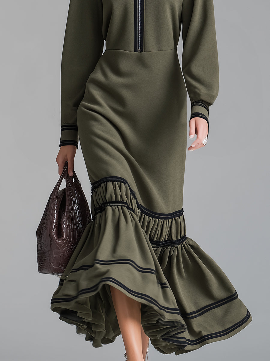 Fashionable And Casual Green Cotton Ruffled Maxi Dress