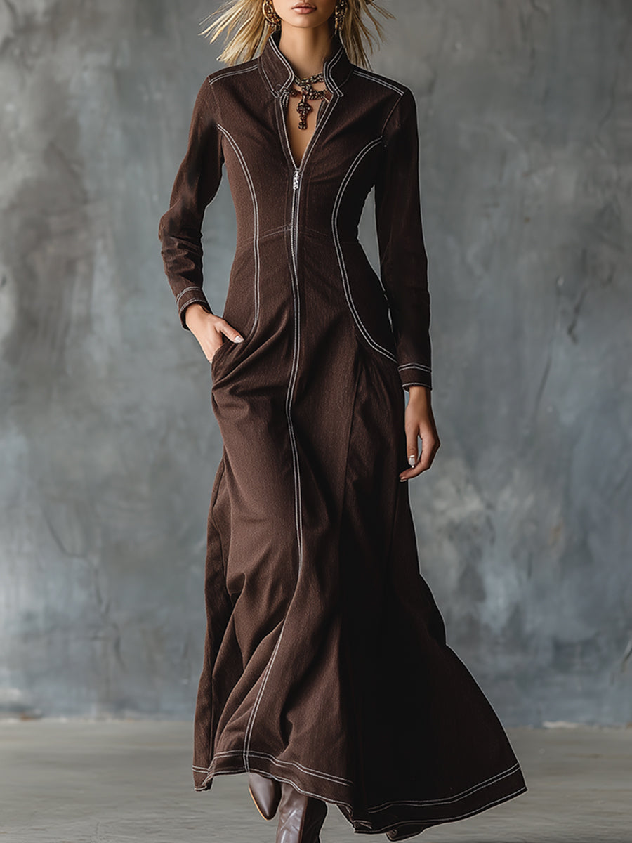 Chic Urban White-stitched Brown Denim Maxi Dress