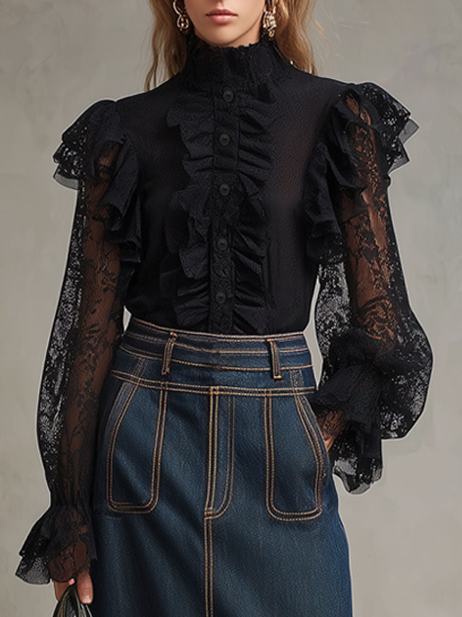 Fashionable Retro Black Lace Mesh Ruffled Long-sleeved Shirt