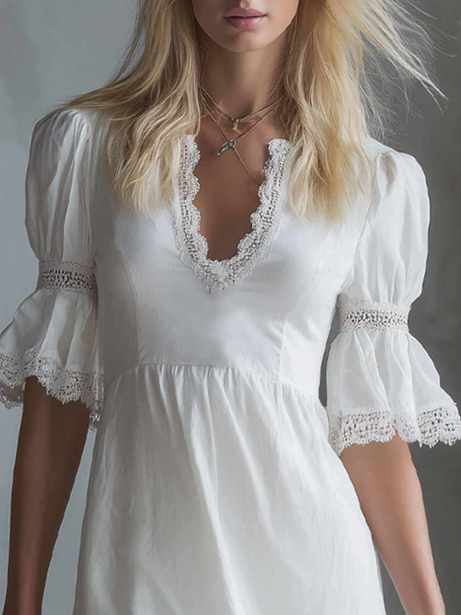 V-neck Lace-trimmed Short-sleeved Cotton Mini Dress