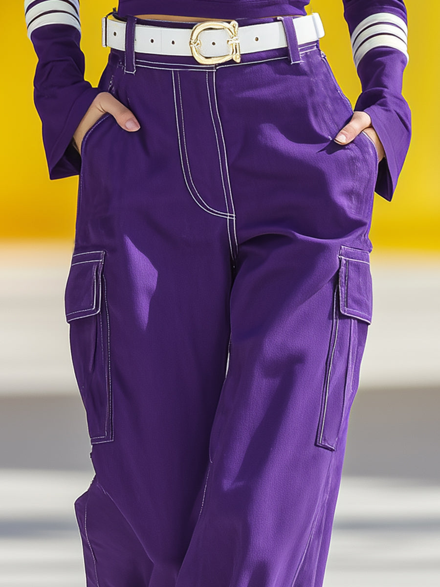 Casual Sports White Topstitching Purple Pant