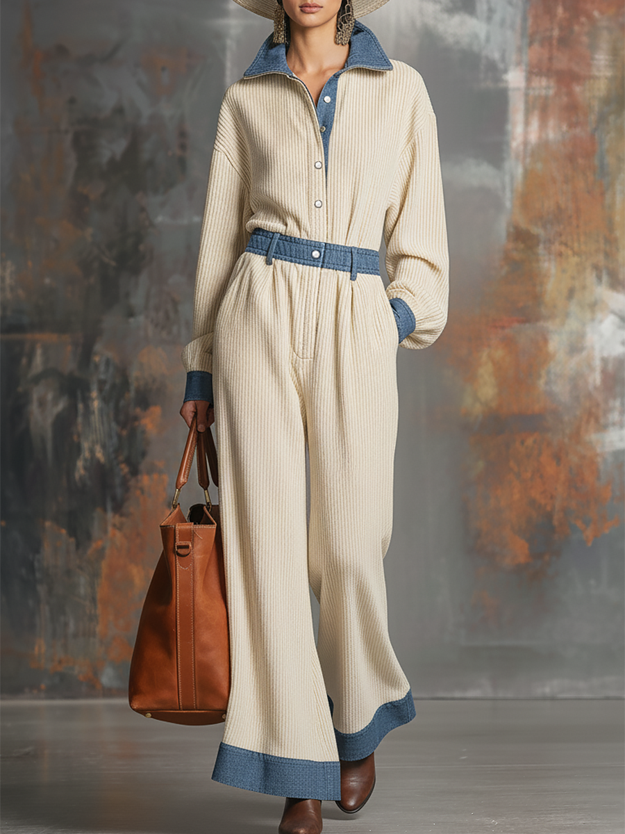 Retro Denim Patchwork Corduroy Shirt And Wide-leg Pants Set