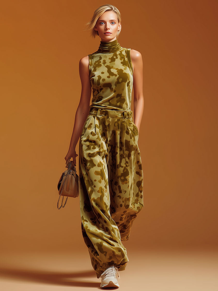 Sporty Retro Green Camouflage Velvet Turtleneck Vest And Wide-leg Pants Set