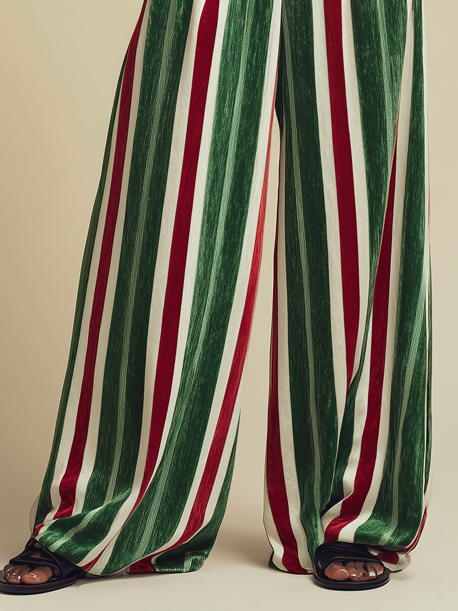 Retro Loose-fitting Red And Green Striped Chenille Wide-leg Pants