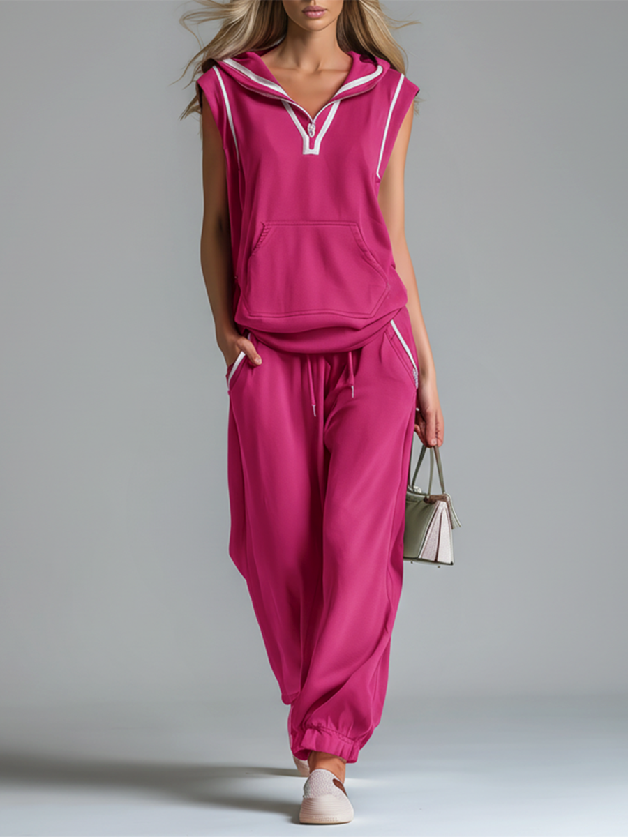 Stylish And Casual V-neck Hooded Sleeveless Top And Pants Set