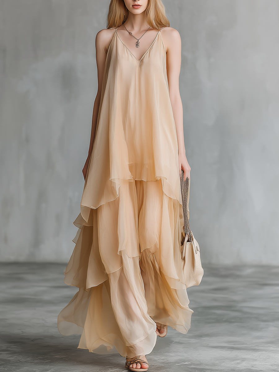 Stylish And Elegant Sleeveless V-neck Layered Chiffon Maxi Dress
