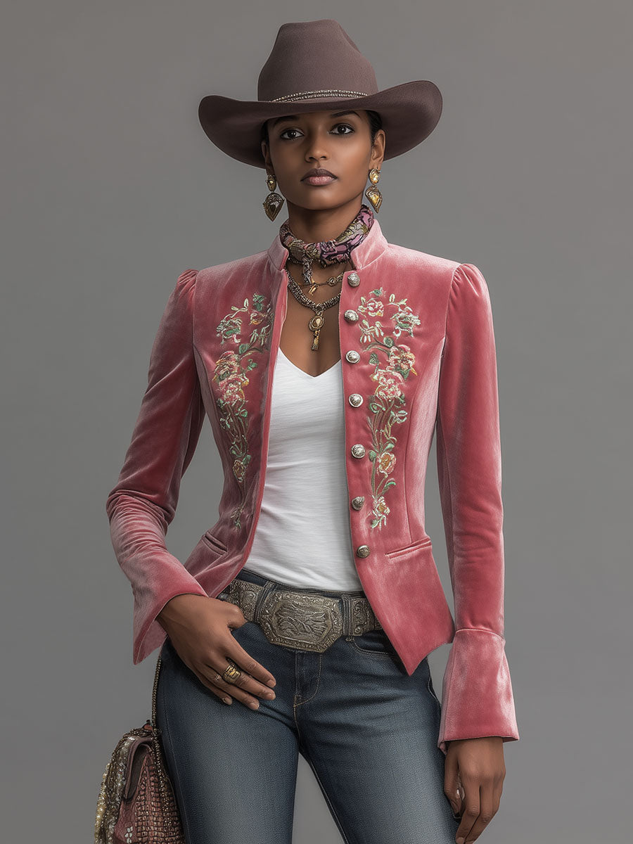 Western-style Stand-up Collar Single-breasted Floral Embroidered Velvet Jacket