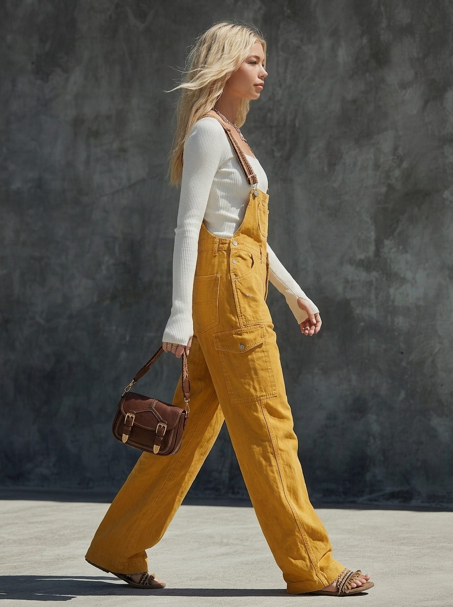 retro workwear woven-strap big-pocket overall jumpsuit