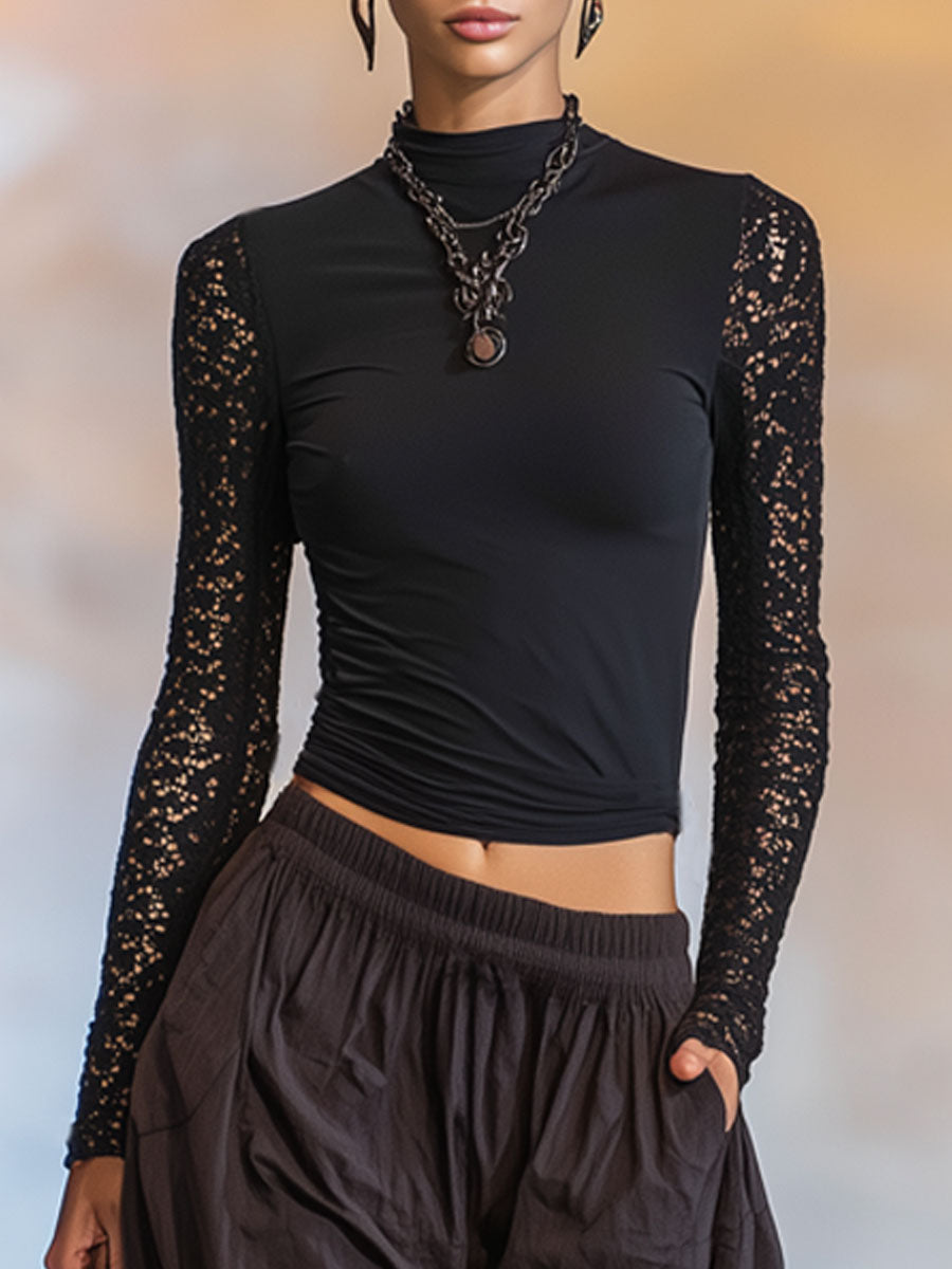 High-neck Lace-trimmed Cotton Long-sleeved T-shirt And Loose Wide-leg Pants Set