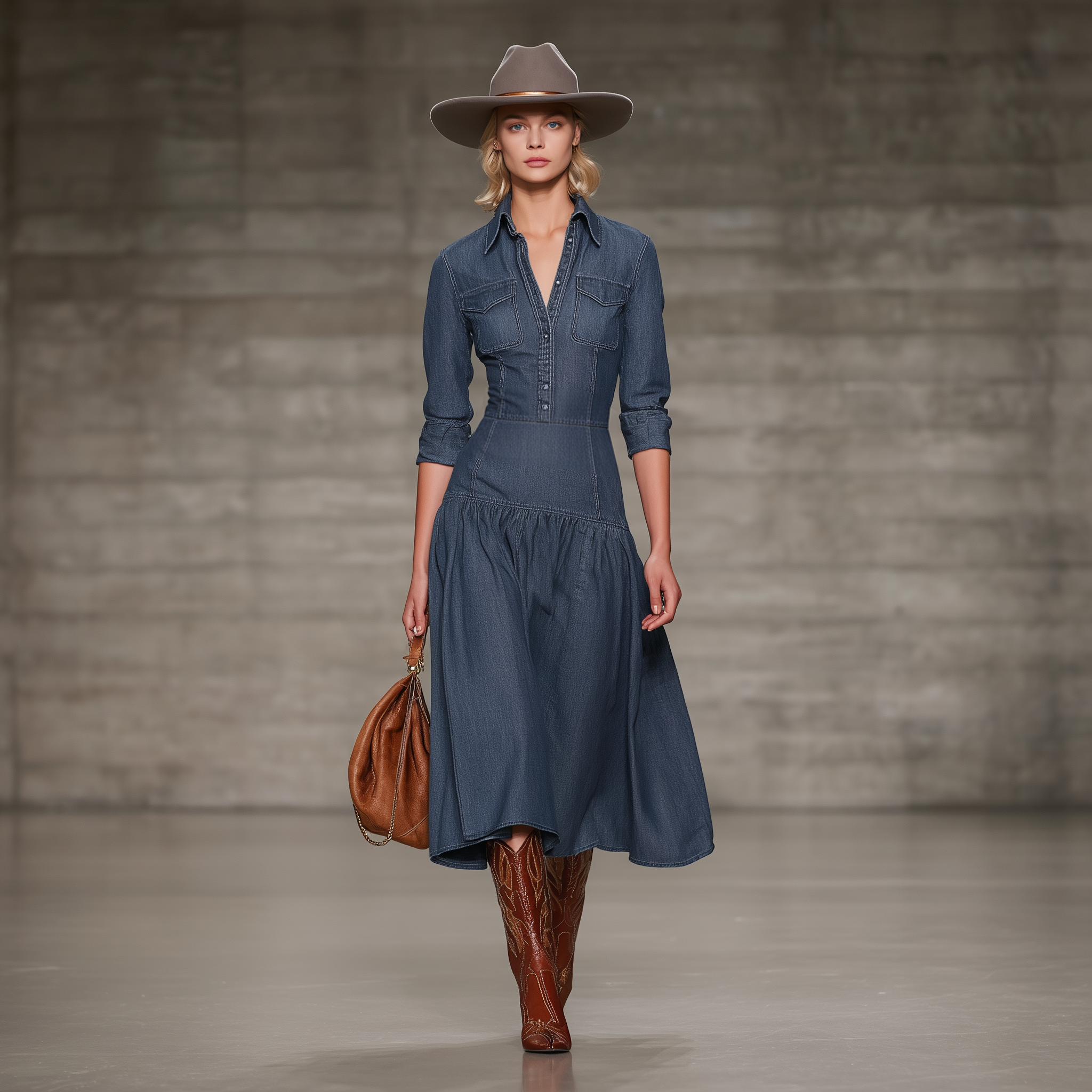 Stylish Blue Denim Button-down Long-sleeved Midi Dress
