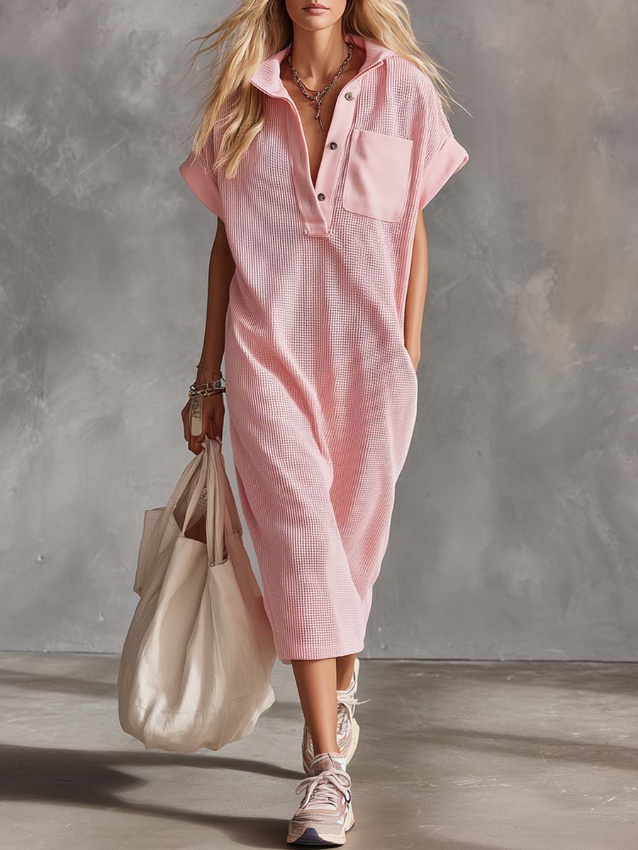 Retro Casual Lapel Front-Button Short Sleeve Pink Waffle-Knit Midi Dress