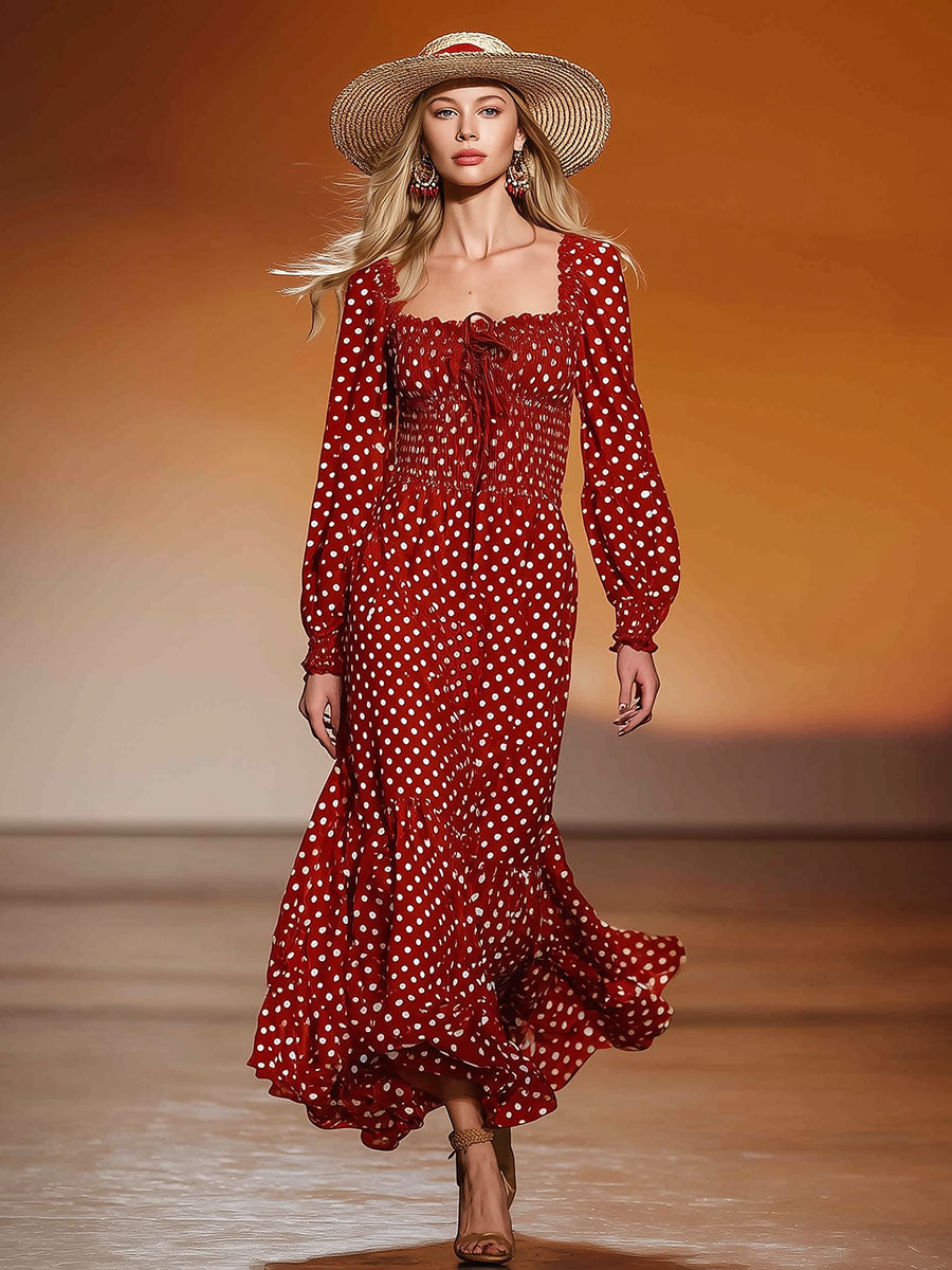 Stylish And Retro White Polka Dot Red Cotton Maxi Dress