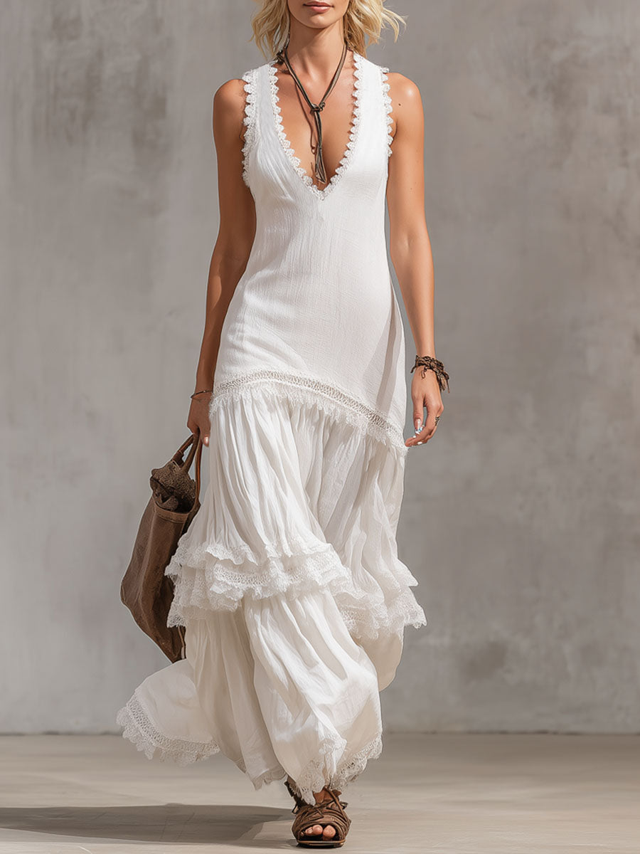 V-neck Lace Trim Cotton And Linen Sleeveless Maxi Dress