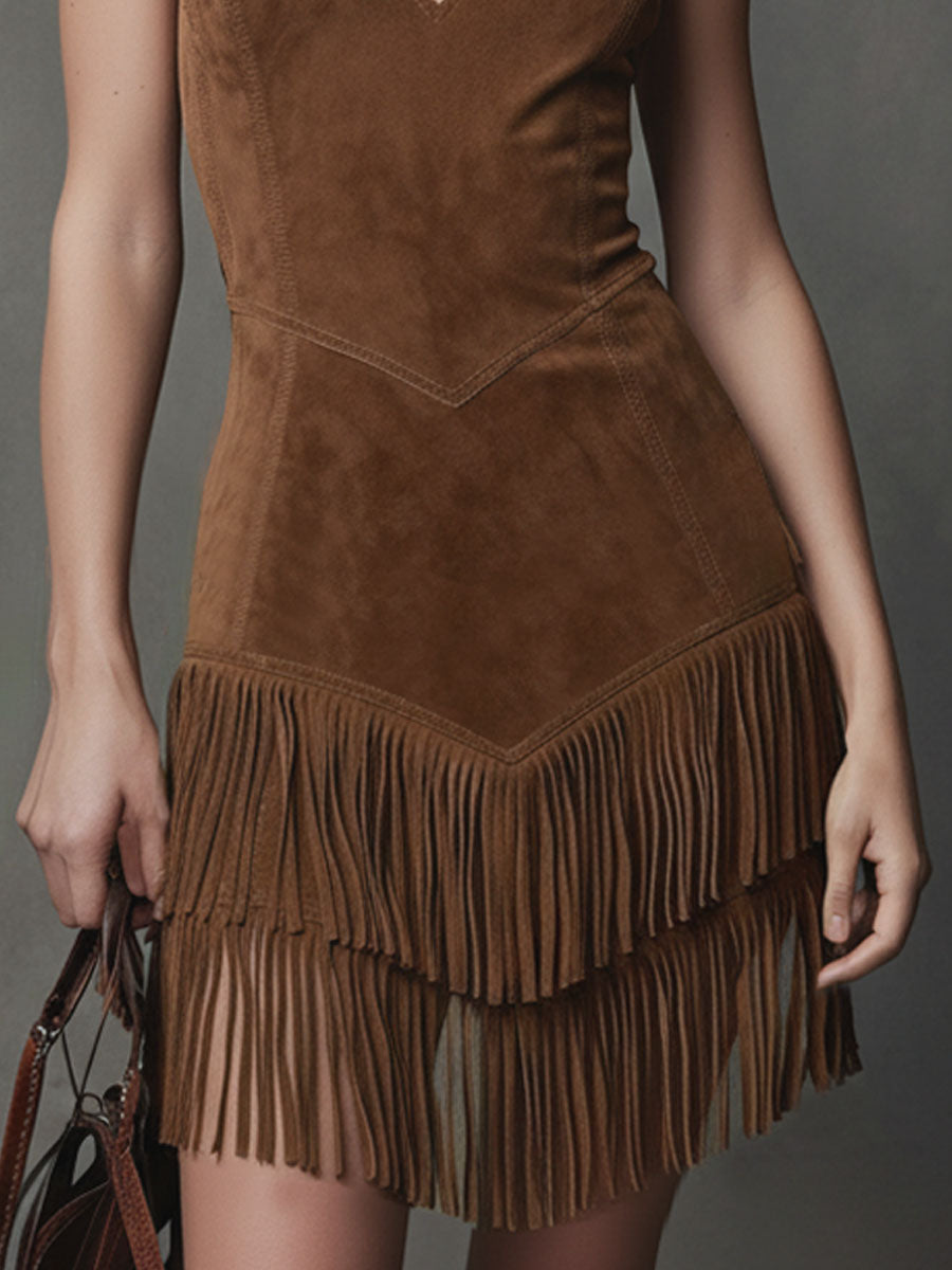 Halter Neck V-neck Faux Suede Fringed Sleeveless Mini Dress