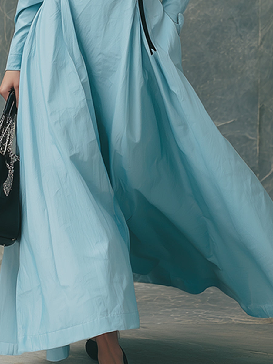 Elegant And Classic Blue Collared Shirt Maxi Dress