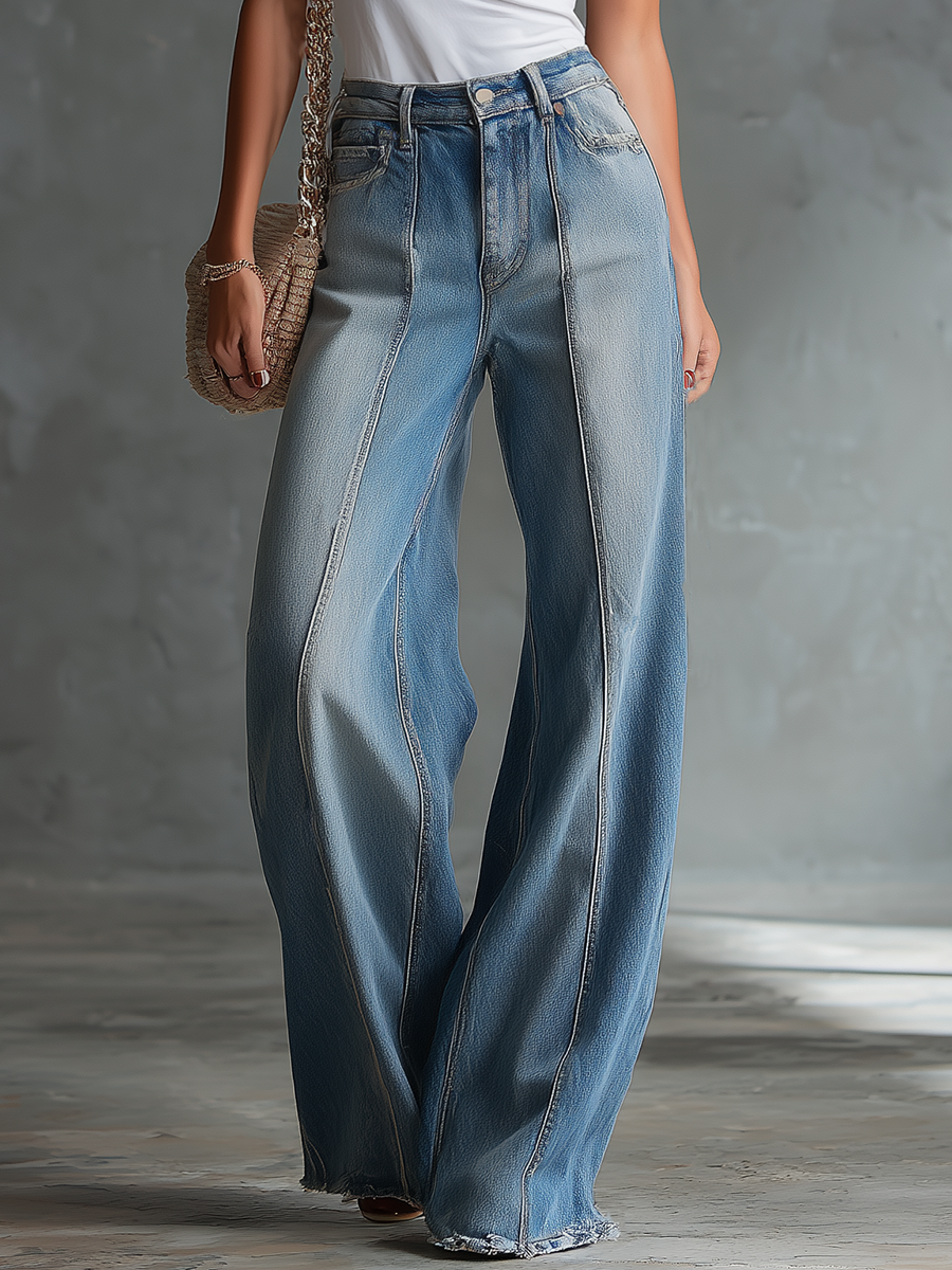 Retro-style Wide-leg Floor-length Frayed Denim Trousers