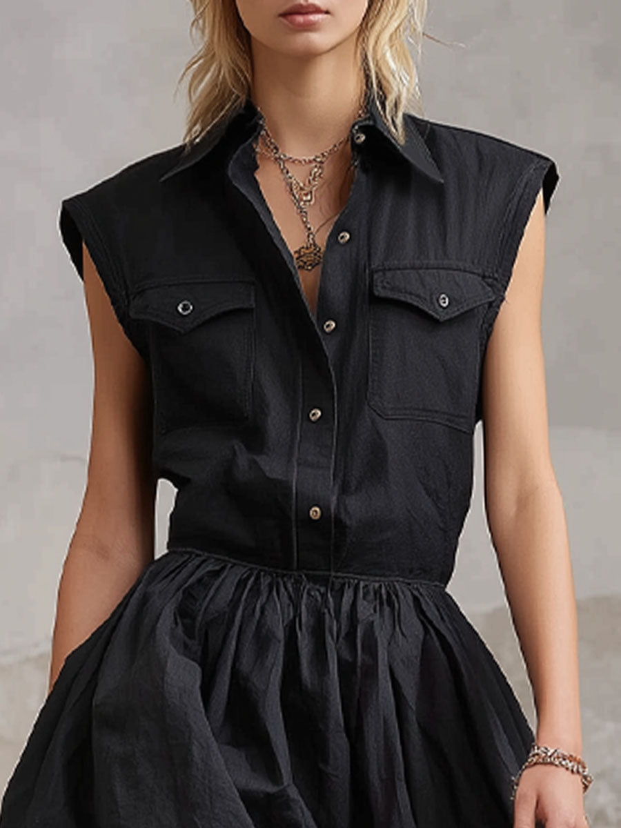 Lapel Collar Double-pocket Cotton And Linen Blend Sleeveless Mini Dress