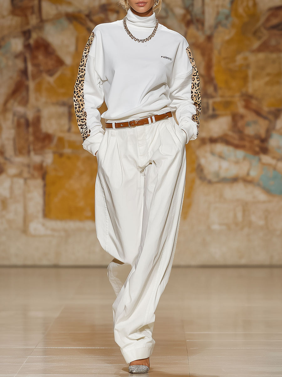 Loose-fitting High-neck Sweatshirt And Cotton And Linen Wide-leg Trousers Set