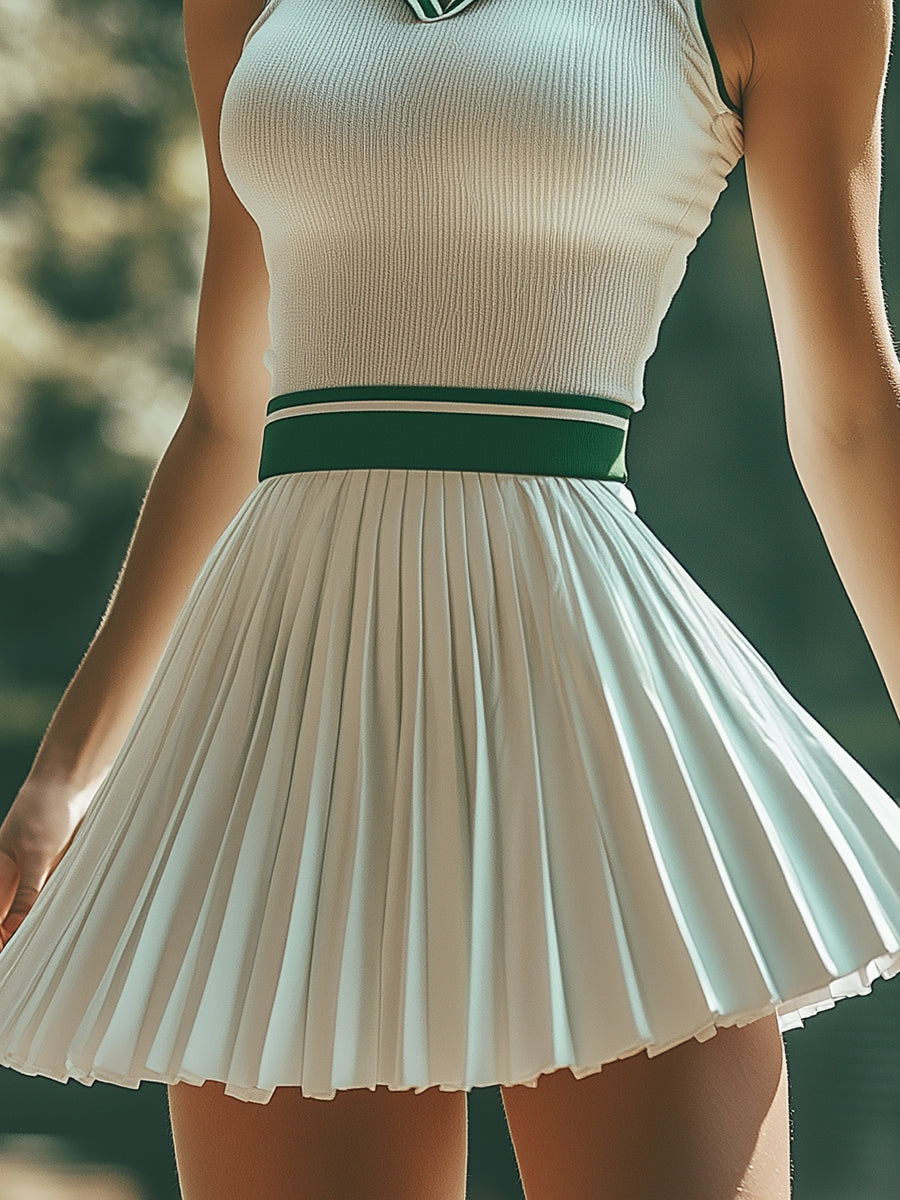 【24-hour shipping out】Fashionable Preppy Style White And Green Contrast Striped Sleeveless Mini Dress