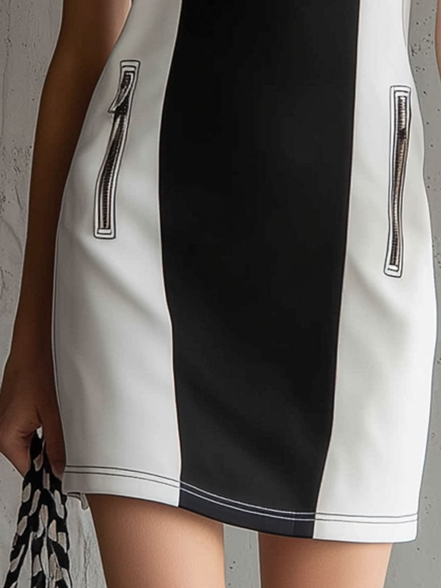 Casual Retro Style Black And White Color-blocked Sleeveless Mini Dress