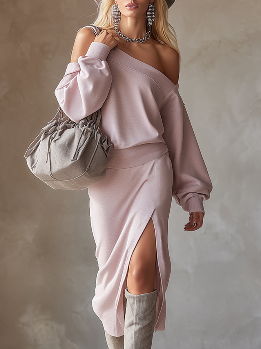 Trendy And Sexy Sporty Off-shoulder Pink Sweatshirt Midi Dress