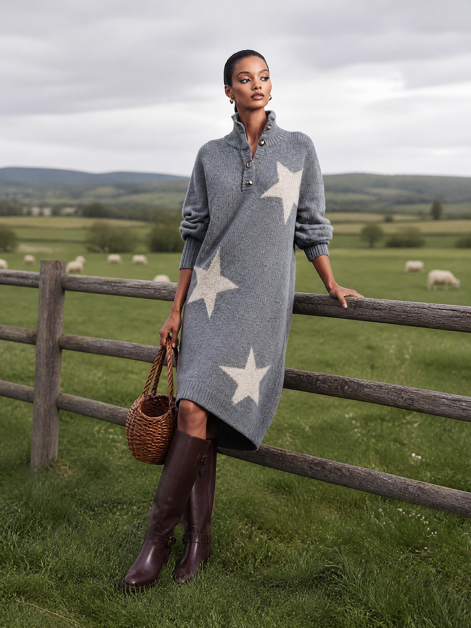 Comfortable And Fashionable Lapel Front Button Star Pattern Gray Knitted Midi Dress