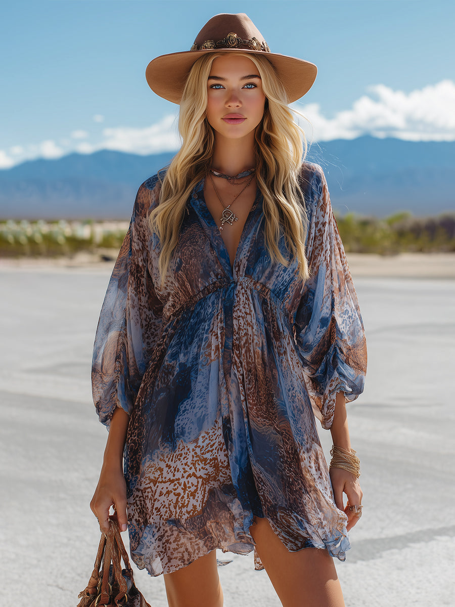 Retro Western-Style Blue Ombré Animal Print Chiffon Mini Dress