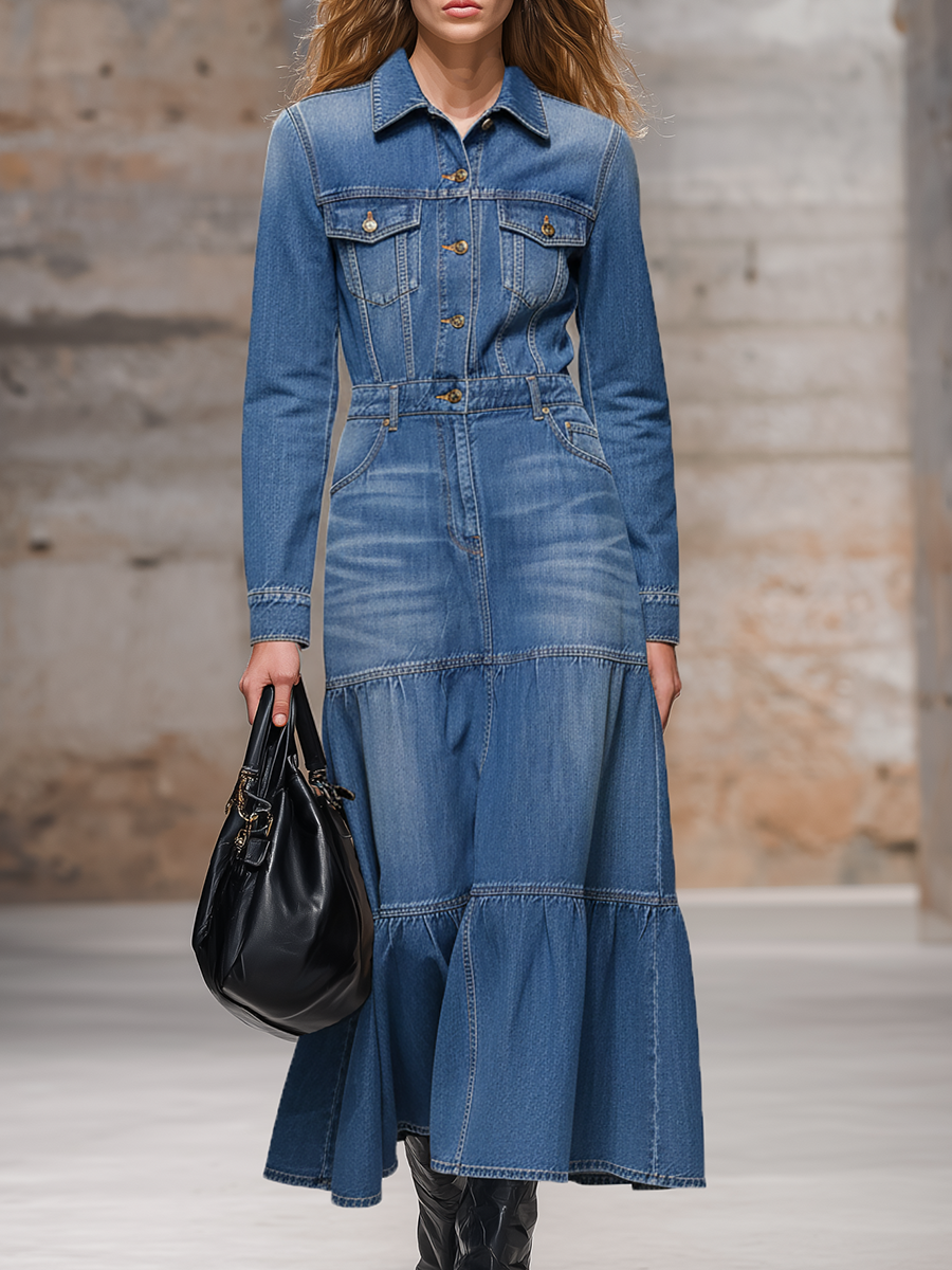 Casual And Stylish Lapel Blue Denim Maxi Dress