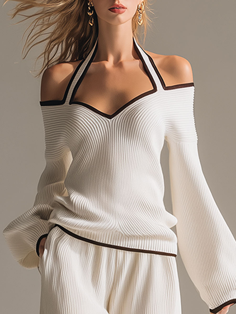 Elegant Color-blocked White Halter-neck Long-sleeved Knit Top And Pants Set