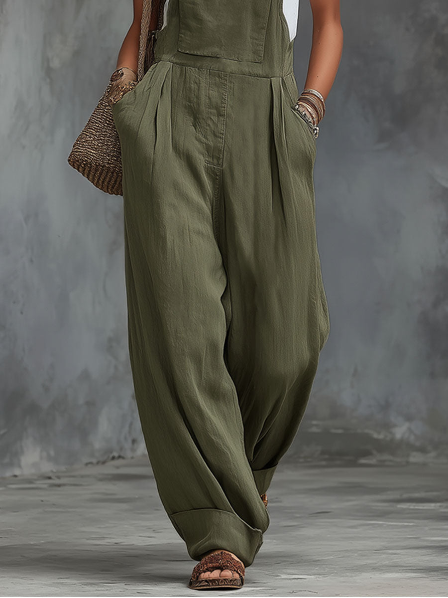Army Green Adjustable Cotton And Linen Wide-leg Overalls