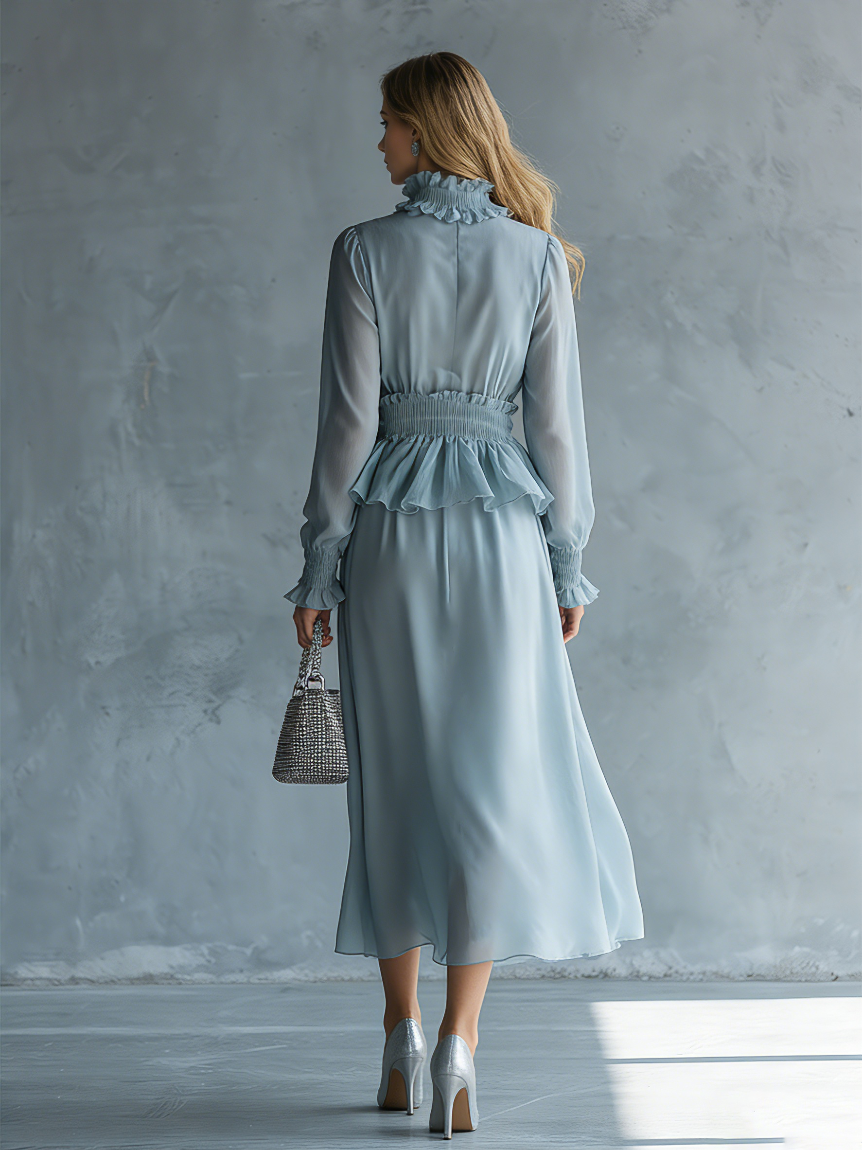 Stylish And Elegant High-neck Long-sleeved Ruffled Chiffon Midi Dress