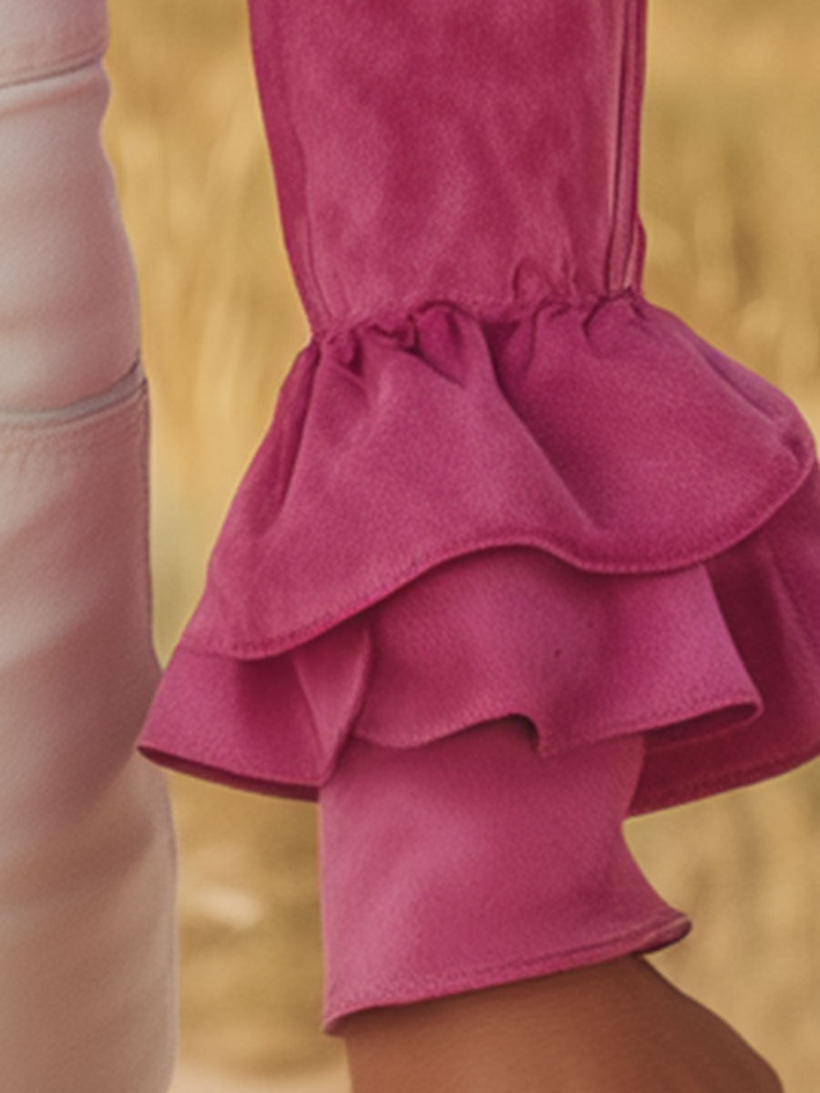 Western-style Vintage Pink Ruffled V-neck Faux Suede Shirt