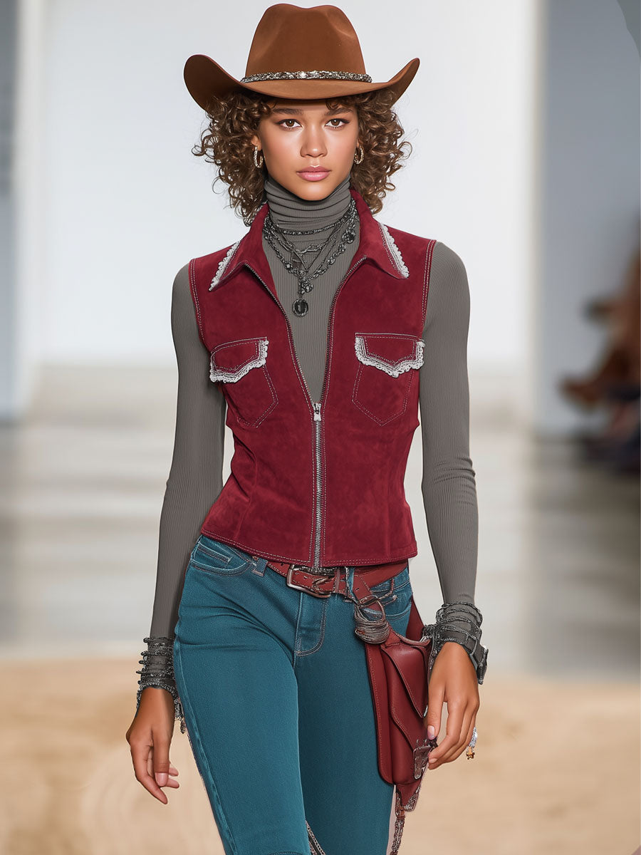 Lapel Double Pocket Lace-trimmed Zipper Faux Suede Vest