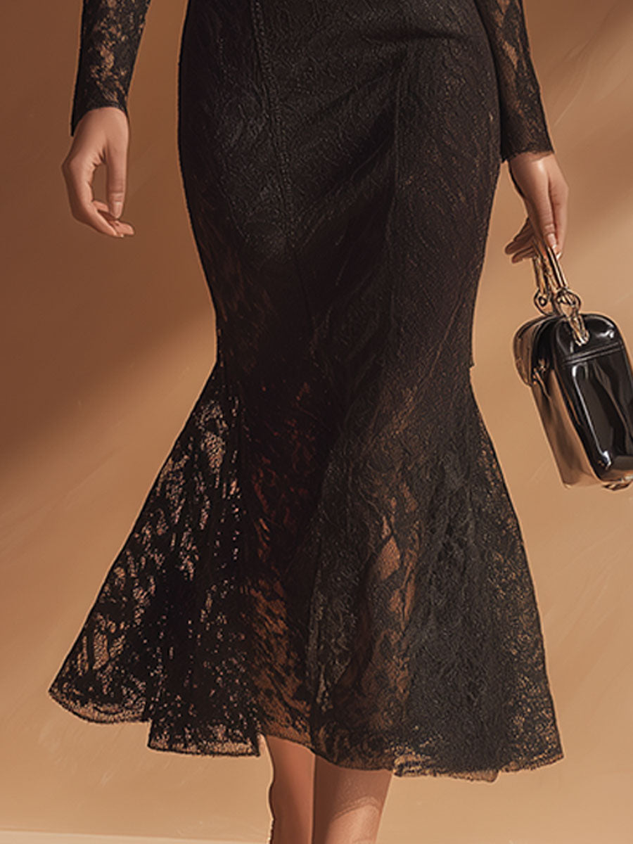 Stylish, Elegant, And Sexy Black Square-neck Lace Midi Dress